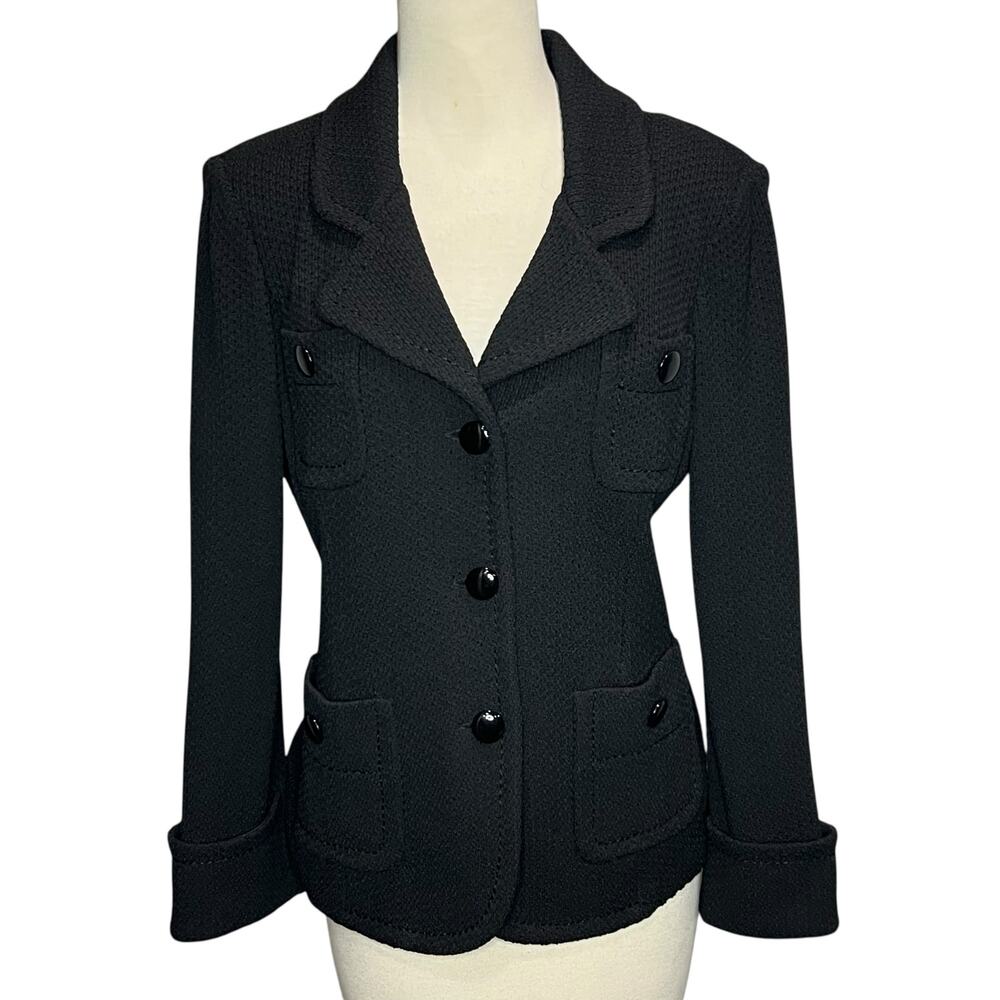 St John Caviar Santana Knit Blazer Jacket Women 6 Black Button Pockets Old Money - Picture 2 of 15
